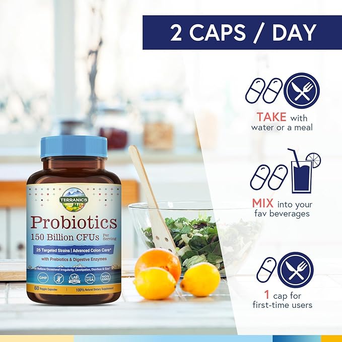 Terranics Daily Probiotics for Men & Women, 150 Billion 25 Strains Colon Care Probiotics, with Prebiotics & Enzymes, Healthy Regularity, Delayed Release, Shelf Stable, 60 Veggie Caps
