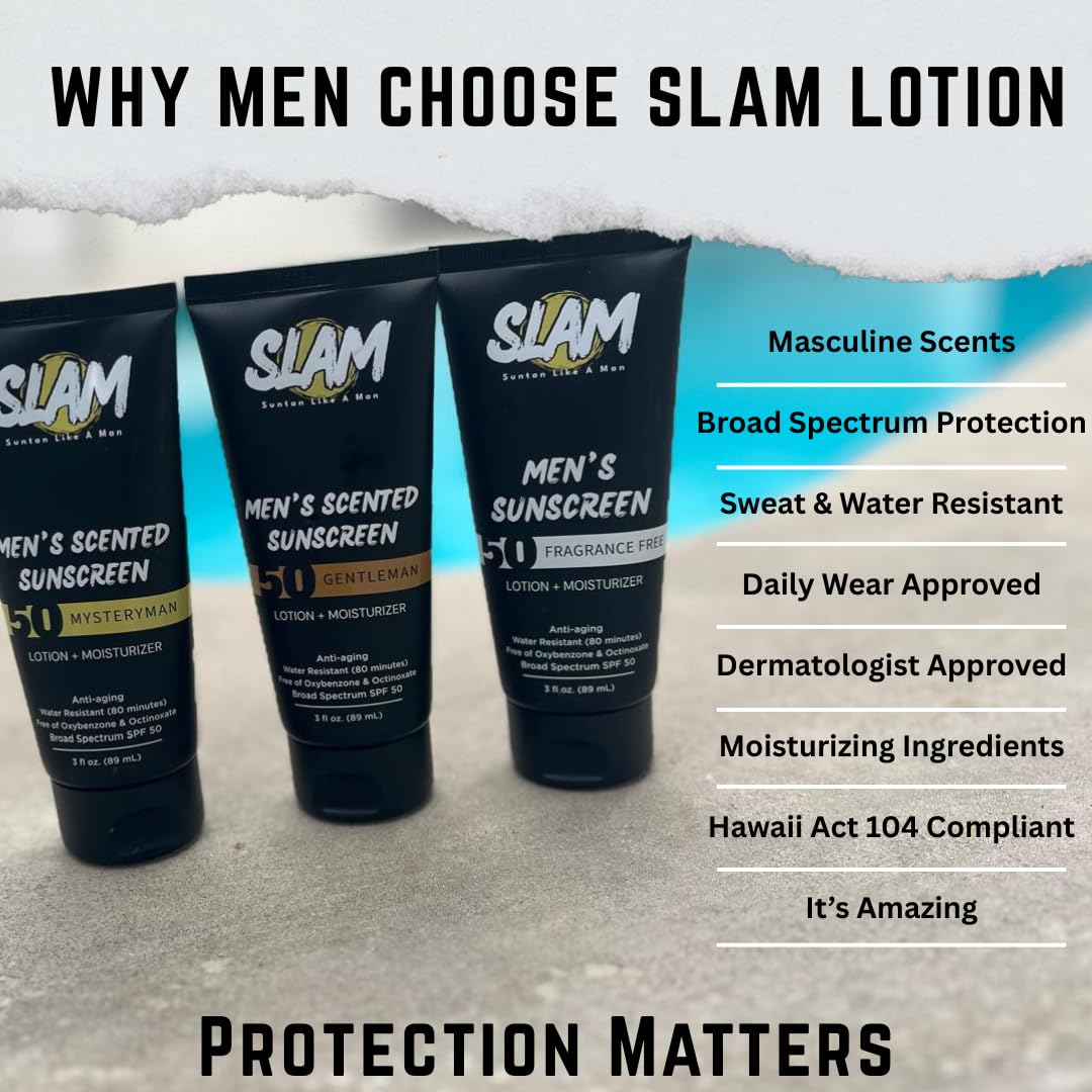 SLAM MysteryMan Men's Sunscreen Lotion SPF 50 & Moisturizer – Face & Body Sunblock, Anti-Aging, Water-Resistant, Hawaii Act 104 Safe, Daily Sport Skincare for Men, Scented – 3 fl oz. Double pack.