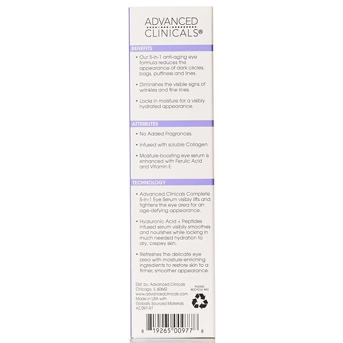 Advanced Clinicals 5-in-1 Eye Serum | Multi-Benefit Visible Anti Aging Under Eye Serum Face Moisturizer Reduces Appearance Of Dark Circles, Puffy Eyes, Crows Feet, Wrinkles, & Fine Lines, 2-Pack