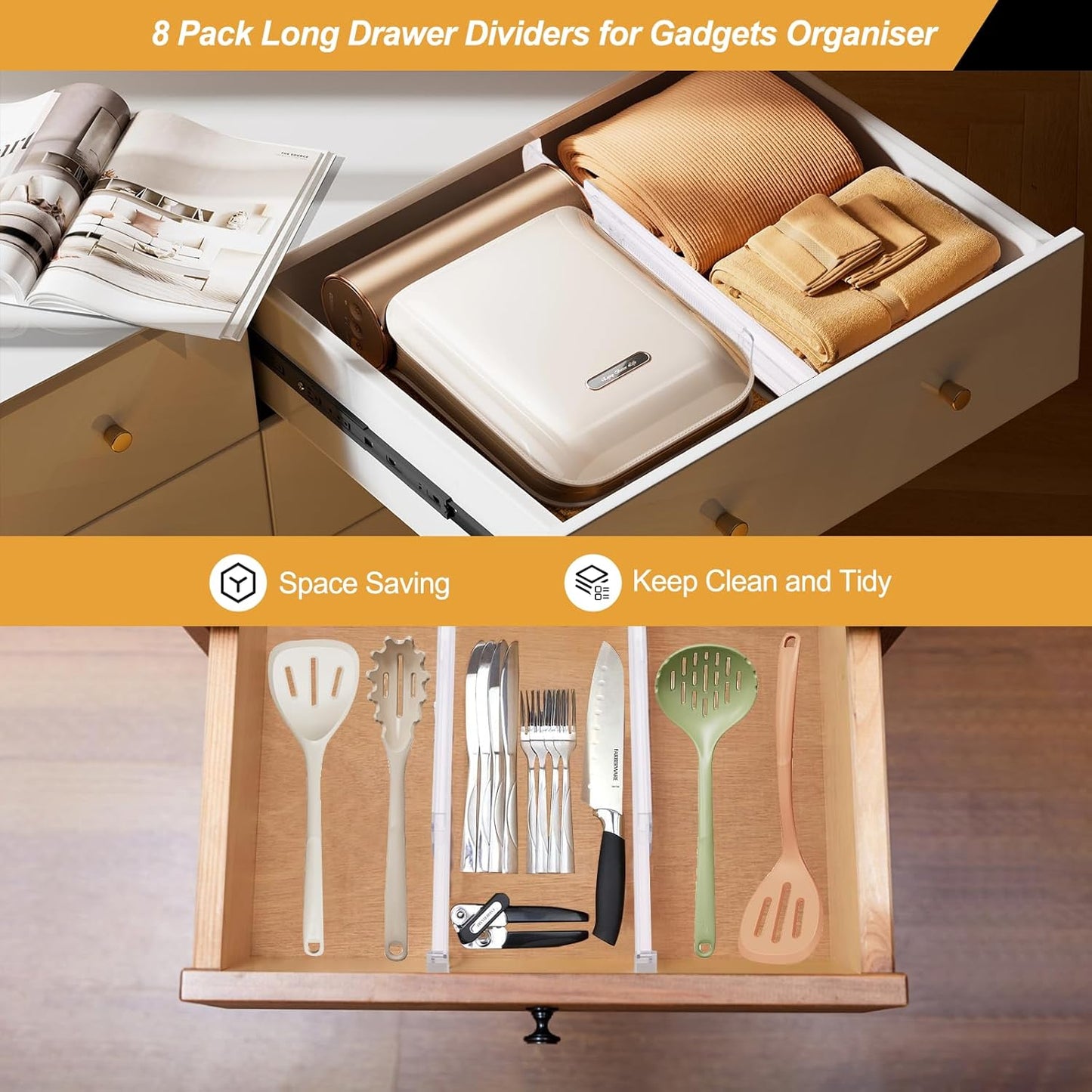 8 Pack Drawer Dividers for Clothes, 2.3" High 13"-21" Adjustable Drawer Dividers Expandable Dresser Drawer Organizer, Clear Drawer Separators for Clothes, Underwear, Cosmetic, Kitchen Utensils Storage