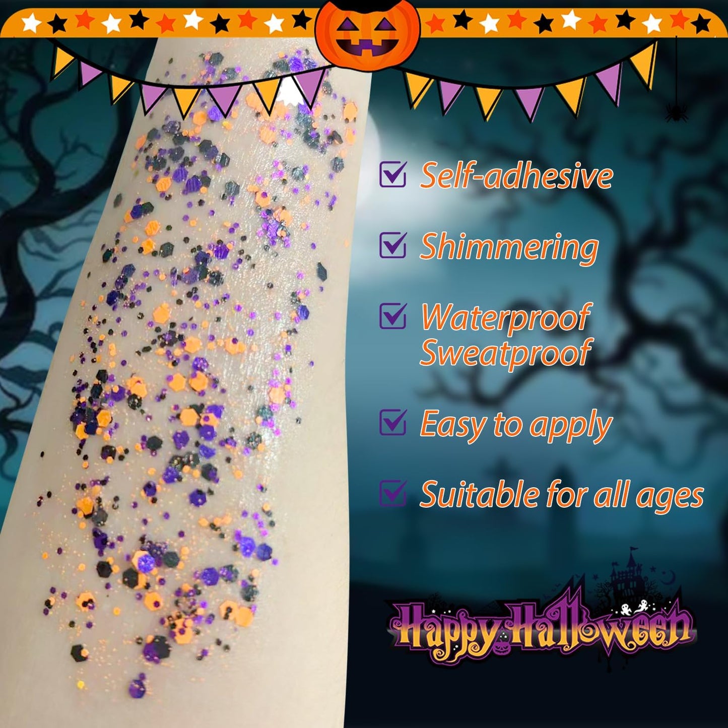 Halloween Body Glitter Stick, Black Purple and Orange Face Glitter Accessories for Rumi Costume and Rumi Cosplay, Waterproof Face Hair Glitter Makeup, Hallows' Eve Glitter Makeup for Kids and Women