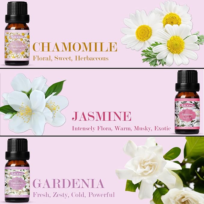 SALKING Floral Essential Oils Set, Premium Pure and Natural Essential Oils, Fragrance Oil Scented Oils for Oil Diffusers 6 x 10 ML - Lavender, Rose, Jasmine, Cherry Blossom, Gardenia, Chamomile