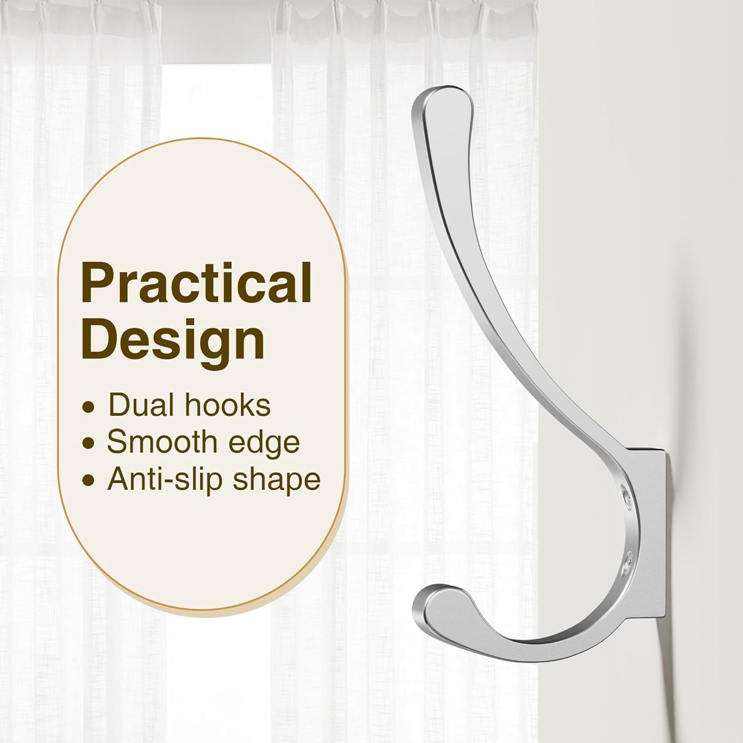 Coat Hooks Wall Mount Silver - Heavy Duty Wall Hooks for Hanging Backpacks, Towels, Bags, Hats, Clothes – Holds Up to 30 lbs - Large Metal Hooks for Closet, Bathroom, Mudroom, Door - 4 Pack