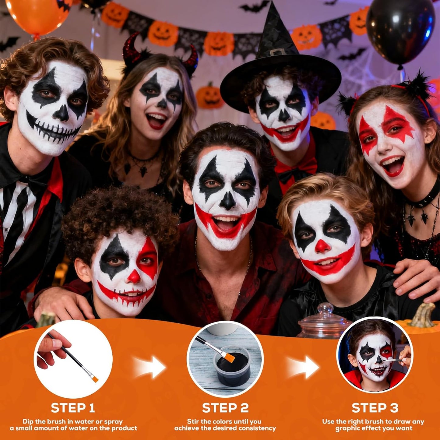 White Foundation + Black Red Face Body Paint for Halloween Makeup, Face Painting Kit with Brush, Skin-Friendly & Non-Toxic Face Paint Suitable for Cosplay Parties, Stage Plays, and Halloween Makeup