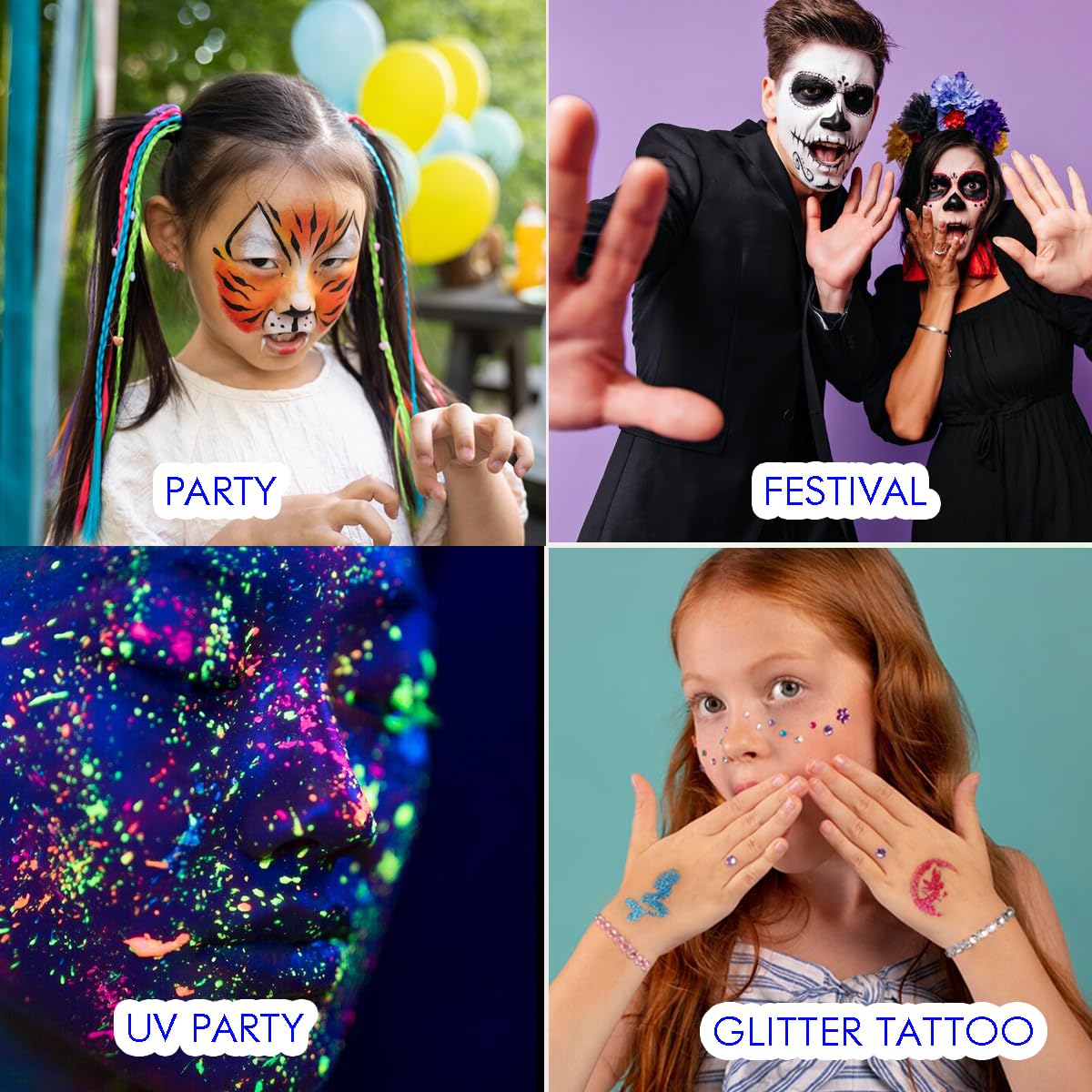 Bowitzki Face Paint Kit,42 Water Based Non Toxic Face Paint with face paint Colors,16 Glitters, 32 Stencils & 10pcs Brushes, Professional Body Face Paint Makeup For Party,Halloween,Carnival,Festival