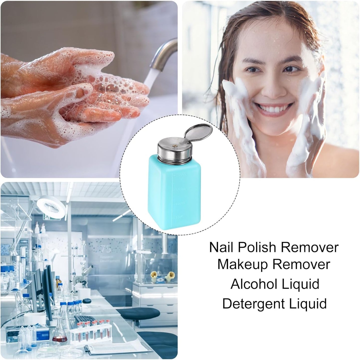 HARFINGTON 4PCS 200ML(6.8oz) Push Down Alcohol Dispenser Pump Liquid Press Empty Bottles Refillable Container for Acetone Cleanser Nail Polish Remover, Blue