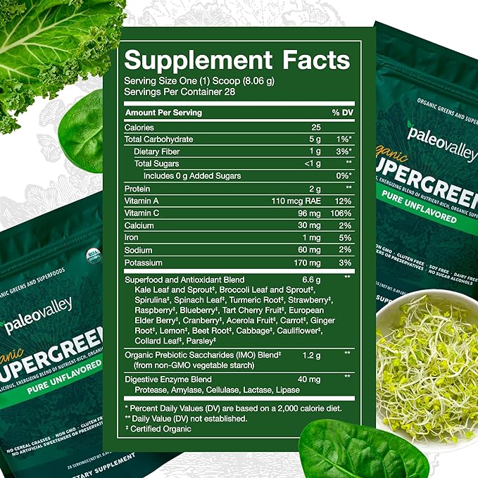 Paleovalley Organic Supergreens Powder 23 Superfoods 30 Servings