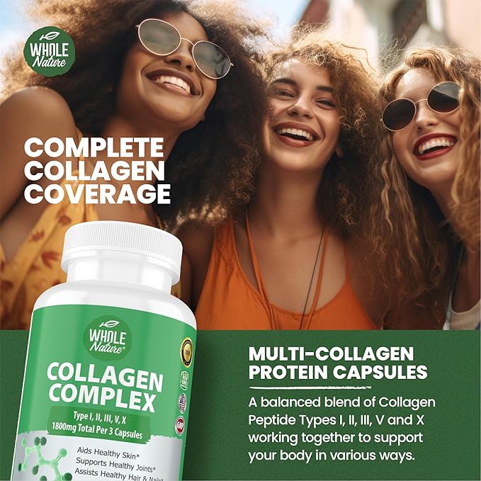 Multi Collagen Protein Peptides Supplement Capsules - 1800mg Collagen Complex Types I, II, III, V, X - Joint Support, Healthy Hair, Skin, Nails, Beauty Vitamins, 100% Natural, Non-GMO 180ct (2)