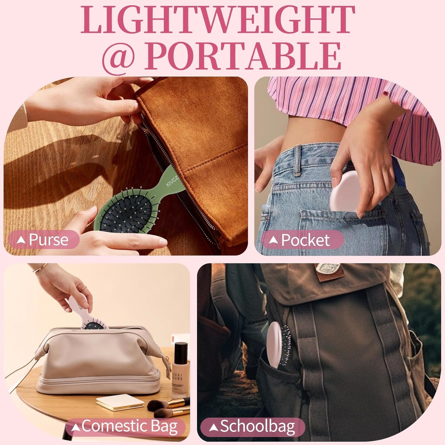 Mini Hair Brush for Detangling, Portable Travel Hairbrush for Women & Kids, Gentle Knot Detangler Brush for Wet/Dry Hair, Compact Hair Brush for Purse, Car, Backpack (2-Pack,Pink/Green/Matte)