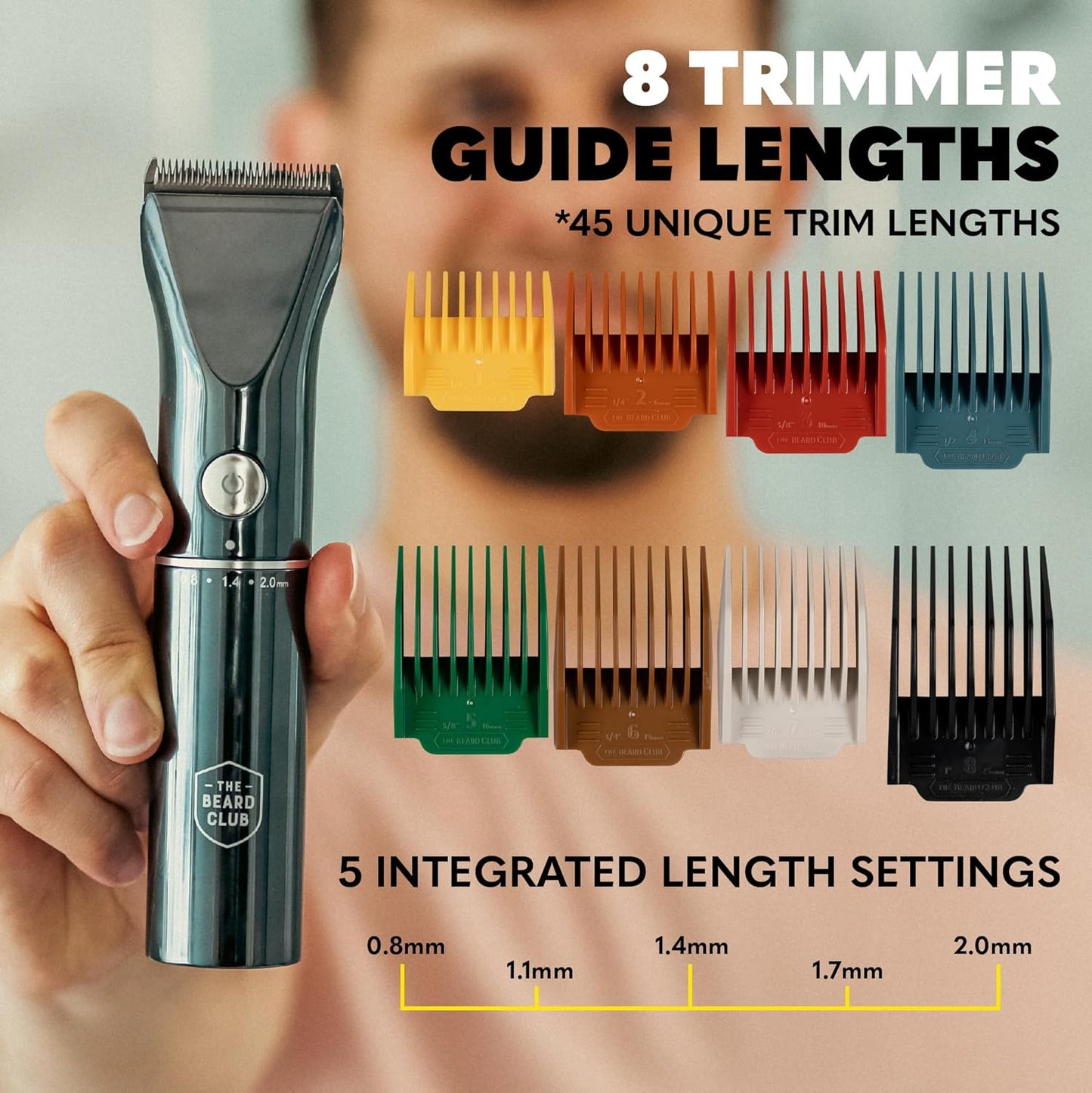 The Beard Club Beard Trimmer for Men - Electric Cordless Rechargeable Beard & Hair Trimmer - High Power 7000 RPM - 8 Color Guides 45 Unique Trim Lengths - Travel Lock