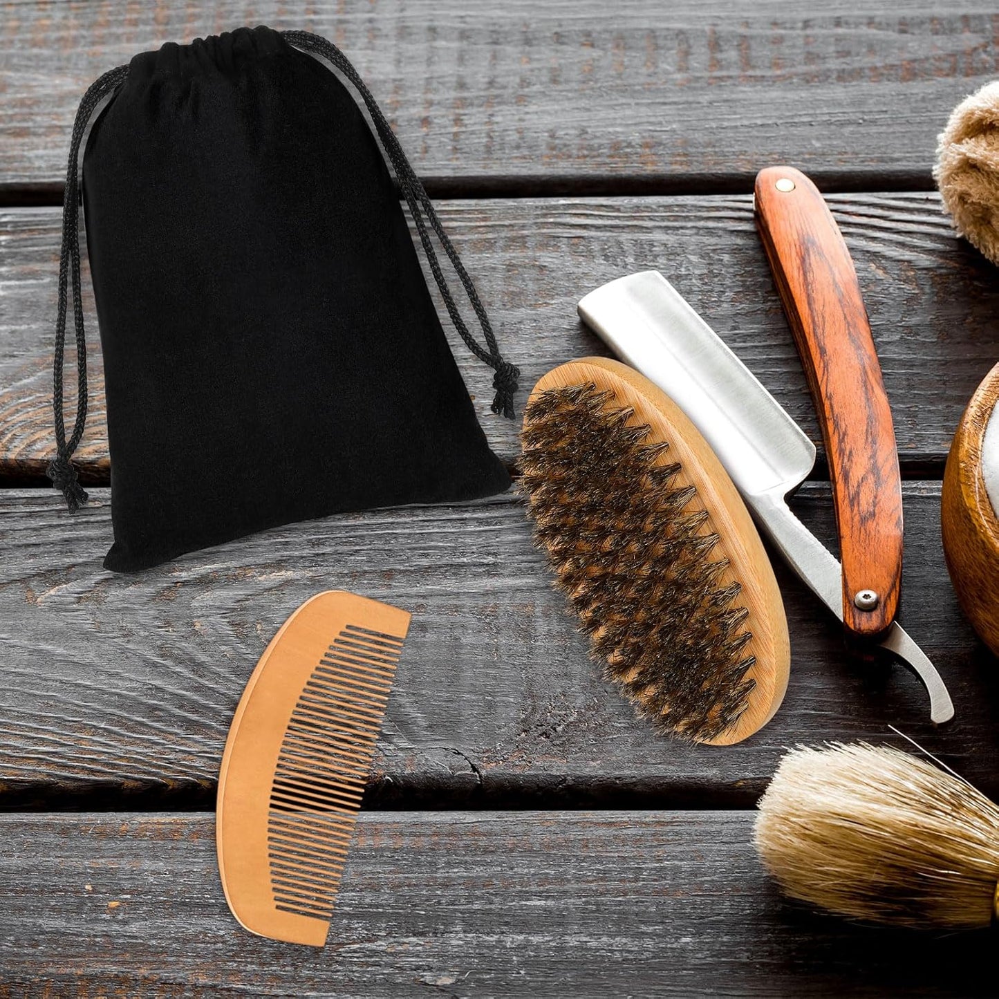 10 Sets Grooming Kit for Men - Natural Boar Bristle Brush, Pear Wood Dual-Sided Wide Tooth Comb, and Travel Pouch (Oval Shape) for Beard Care