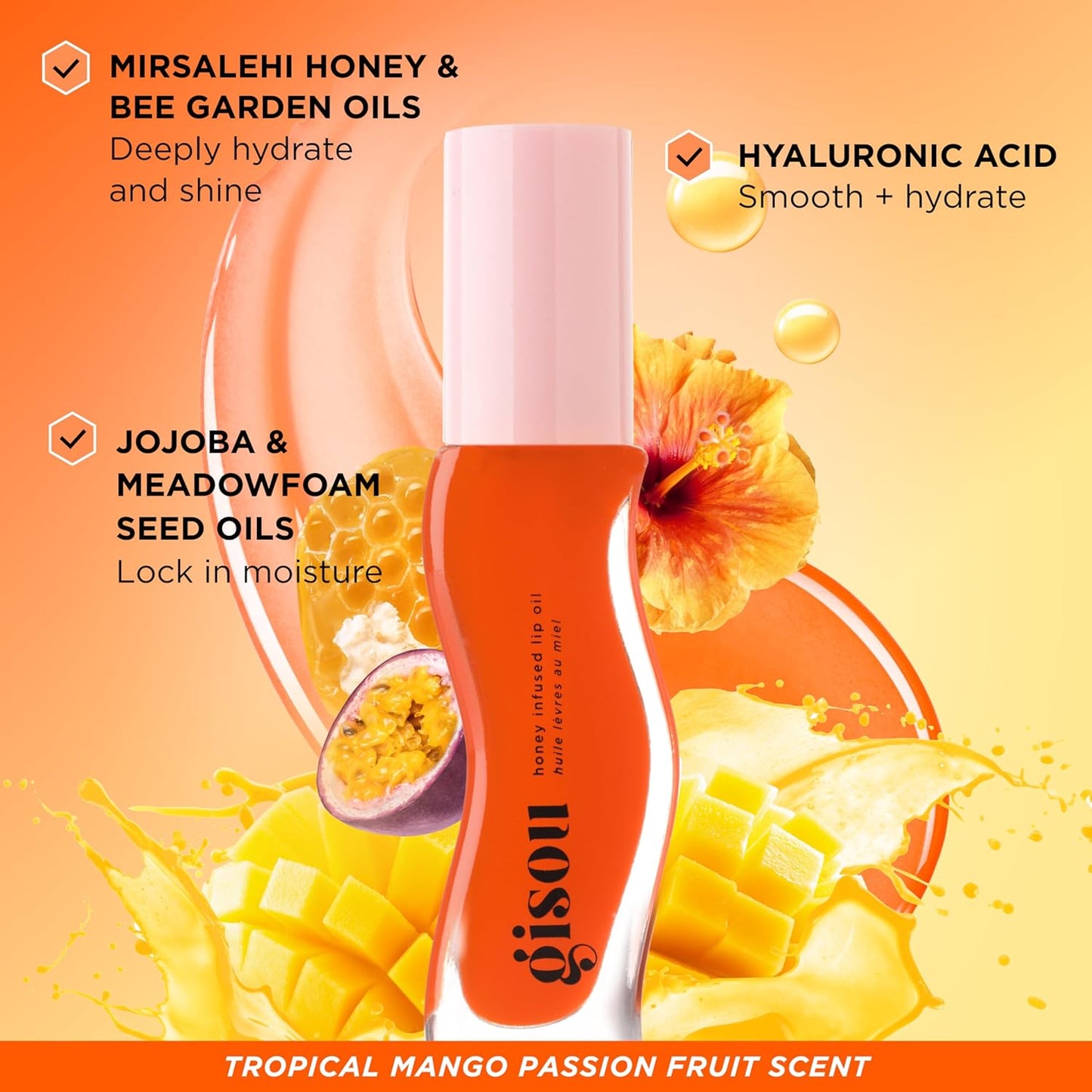 Gisou Honey Infused Hydrating Lip Oil, Nourishing Lip Moisturizer for Dry Lips, 0.27 fl oz (Mango Passion Punch)