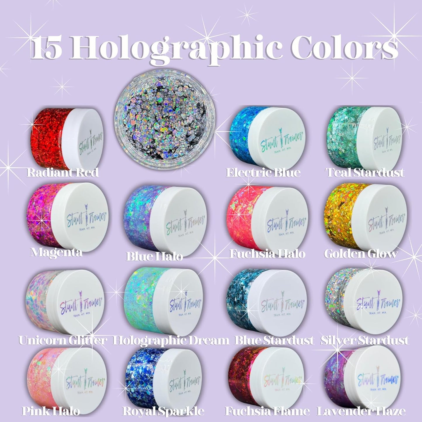 Stunt Trainer Cheer Glitter Face Body Makeup Peel Off Gel Chunky Holographic 15 Colors 1.6oz Vegan Cruelty Free Nontoxic Cheerleader Cheerleading Makeup
