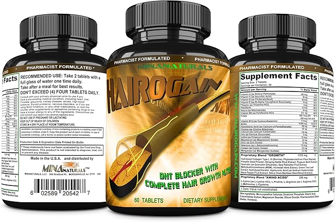 HAIROGAIN DHT Blocker. Support Hair Growth. 10000 mcg Biotin, Collagen & Hair Vitamins Added. Help Decrease Hair Loss and Baldness. 60 Tablets