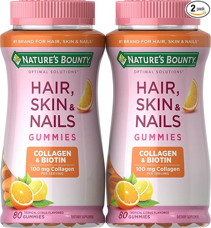 Nature's Bounty Biotin and Collagen, Citrus-Flavored Gummies, 80 Ct (2 Pack)