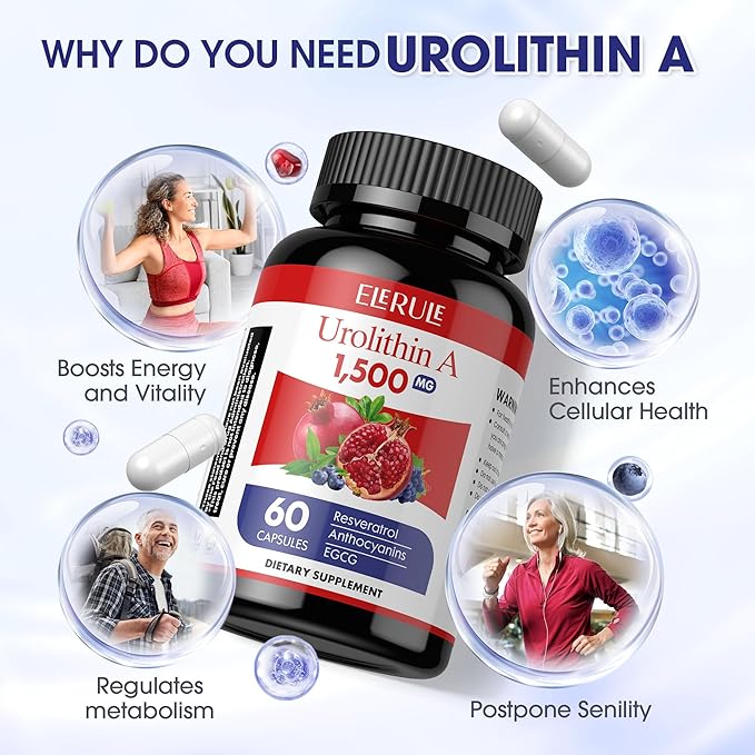 Urolithin A Supplement 1500mg Plus Trans-Resveratrol, Anthocyanins, Green Tea,Urolithin A Capsules Promoting Healthy Aging,Supports Cellular,Vitality & Energy for Men & Women, 60 Capsules