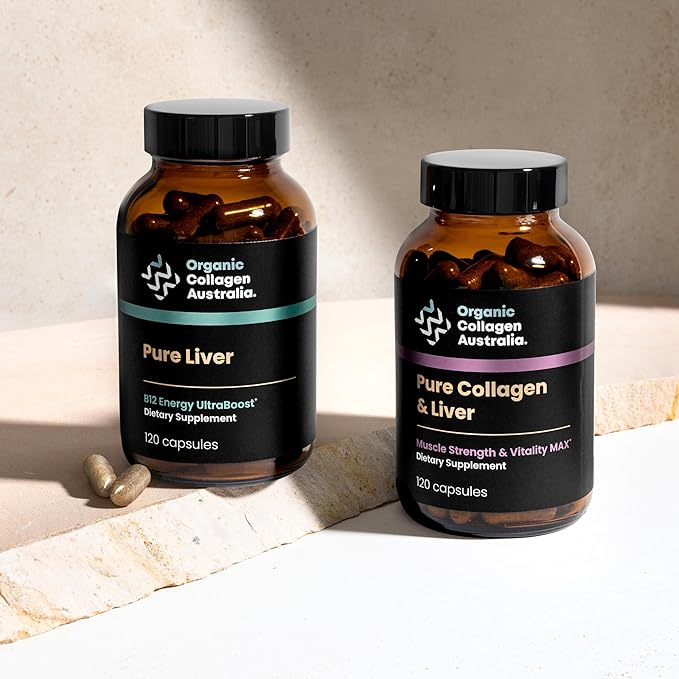 Organic Collagen Australia Pure Collagen & Liver Capsules – Muscle Strength & Vitality with Hydrolyzed Collagen, Grass-Fed Liver, and Vitamin B12 – 120 Capsules