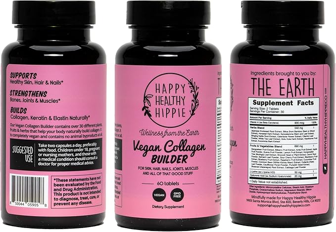 Vegan Collagen Builder w/ Hyaluronic Acid – Hair Skin and Nails Vitamins for Youthful Glow | Keratin & Elastin Booster | Bones, Cartilage, Tendons | Vitamin A, L-Lysine | Vegetarian | Non-GMO, 60 Ct