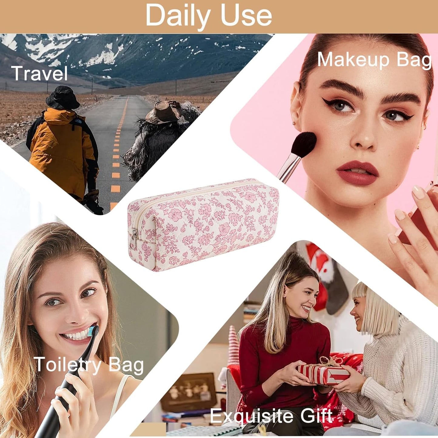 Cute Floral Cotton Makeup Brush Cosmetic Bag for Women, Travel Quilted Zipper Make Up Bag, Flowers Toiletry Organizer Case Kawaii Makeup Cosmetic Travel Cloth Pouch (Big Pink Floral)