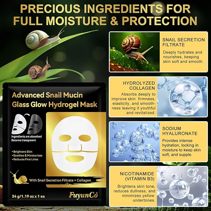 Advanced Snail Mucin Glass Glow Hydrogel Face Masks - 4pcs,Collagen Face Mask - Anti Aging and Moisturizing Face Masks Skincare,for Acne Marks, Anti-Aging, Firming Skin