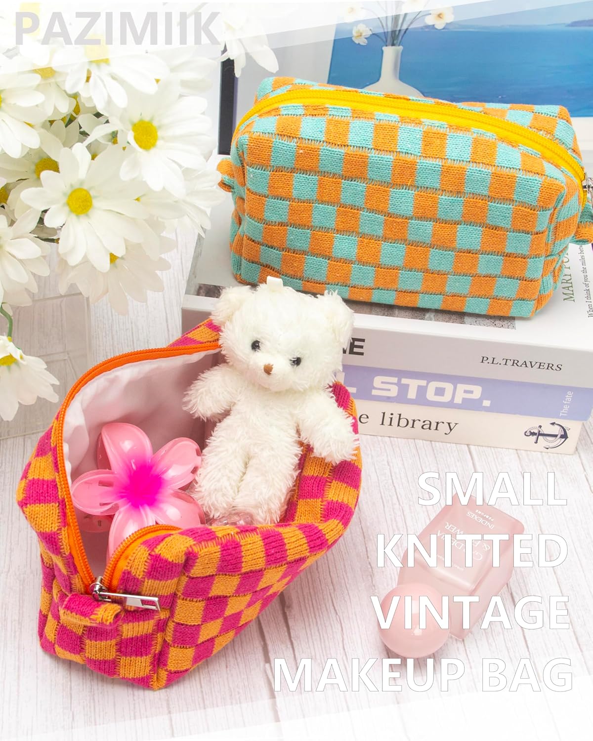 PAZIMIIK 2PCS Checkered Makeup Bag for Purse Portable Zipper Make Up Pouch Small Cosmetic Case for Travel Red Orange