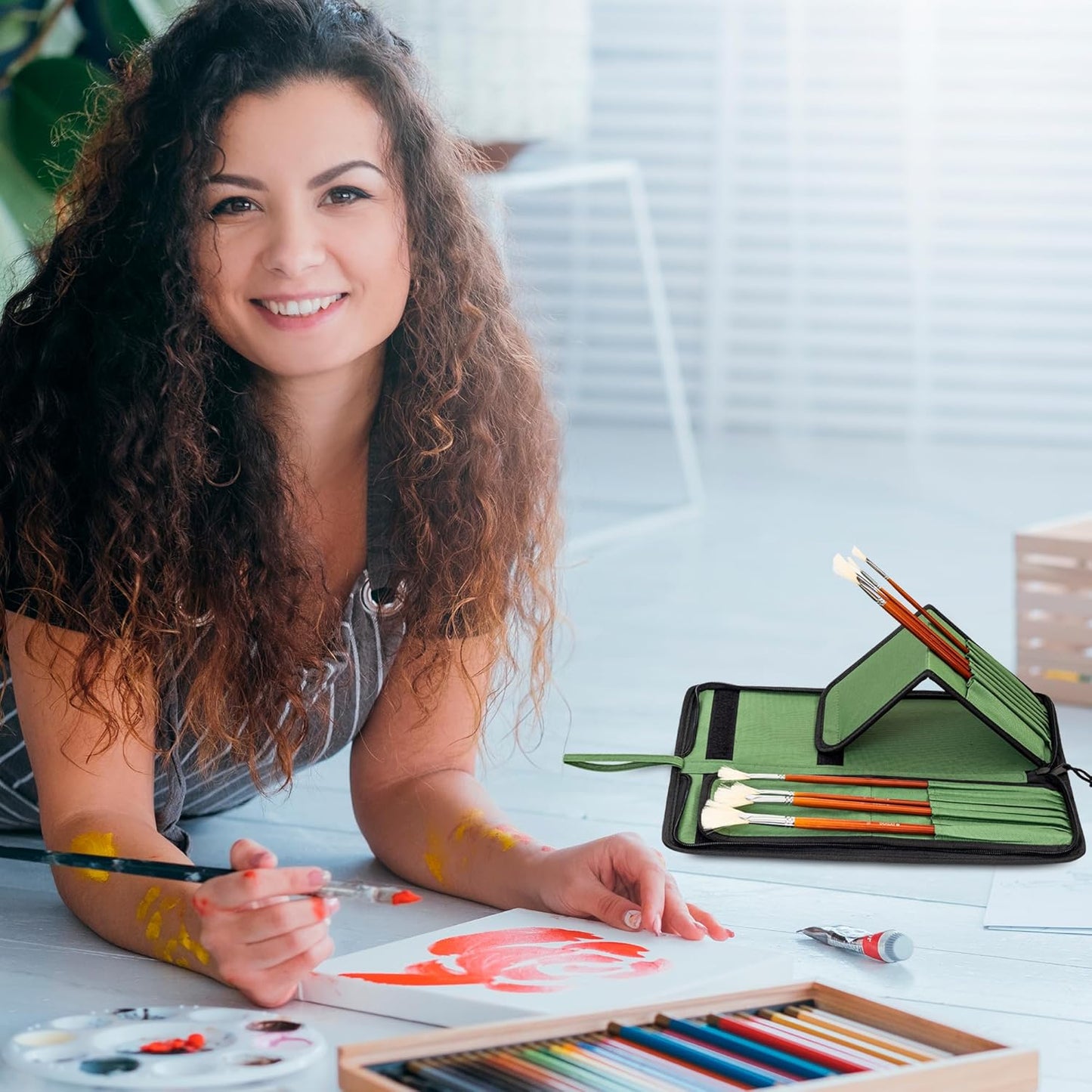 DUGATO Long Canvas Paint Brush Holder Zippered 5.7x14.8 inch, Premium Art Case for Brushes Long Handle up to 13" Length, 15 Slots Storage for Artist (Brush Not Included) - Green