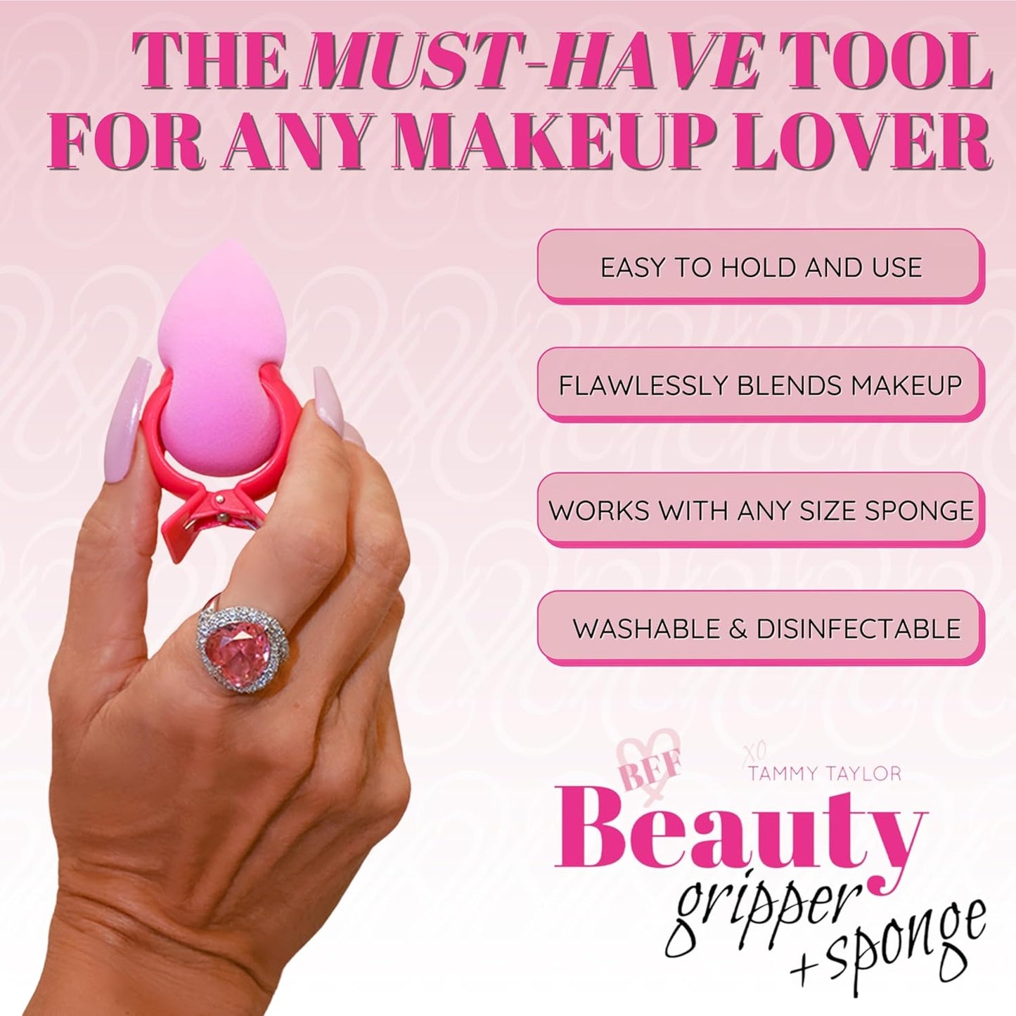 Tammy Taylor Beauty Gripper and Blender - Make up Sponge Holder with a Soft Pink Makeup Applicator Sponge - Patented Design Grips all Silicone Make Up Sponges for Foundation Powder, Cream and Liquid