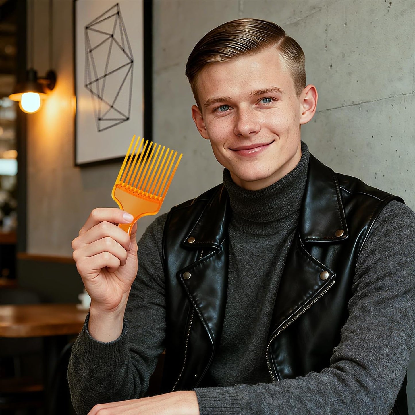 SIMPOR 2 Pcs Hair Pick Comb Wide Tooth Lift for Hair Styling Detangling Plastic Afro Pick for Women Men (Clear Orange, Black)