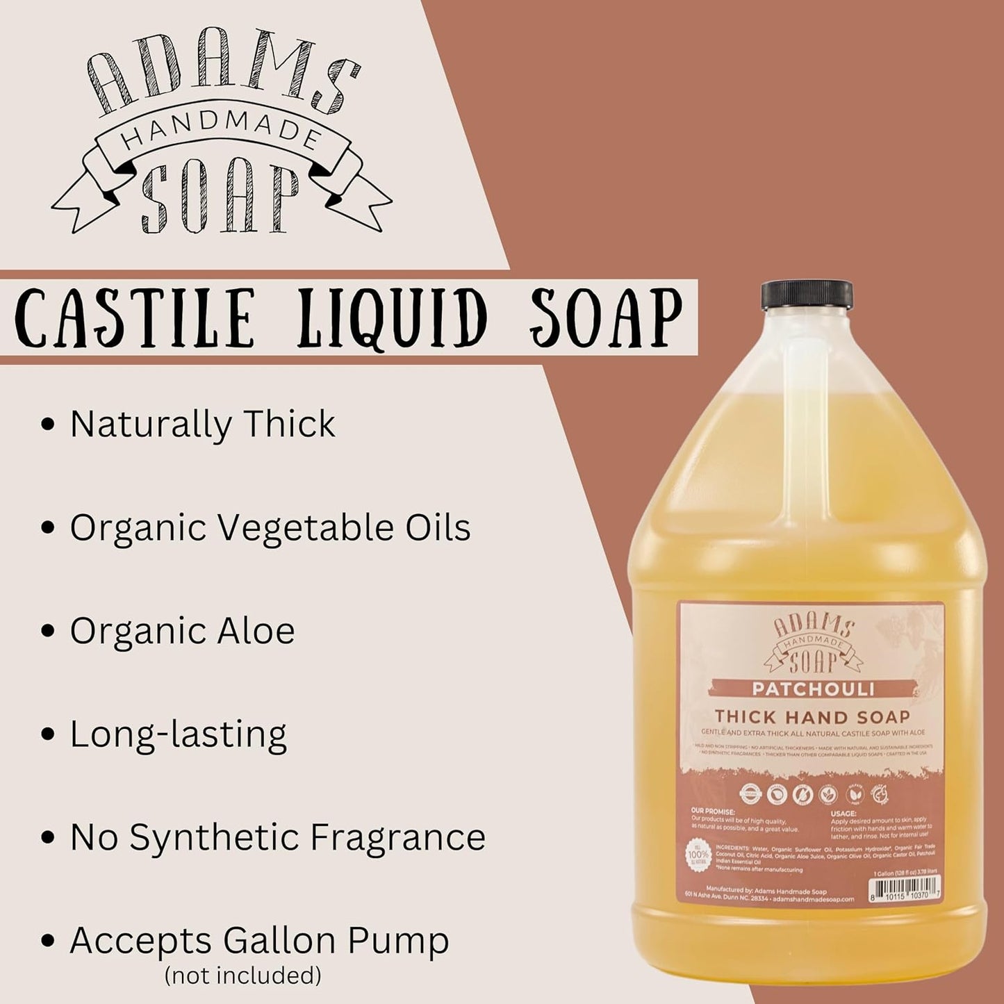 Adams Handmade Soap Thick Organic Castile Liquid Hand Soap 1 Gallon Refill - Patchouli (Pack of 4)