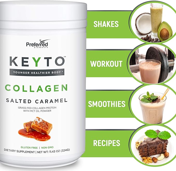 Keto Collagen Protein Powder with MCT Oil – Keto and Paleo Friendly Pure Grass Fed Pasture Raised Hydrolyzed Collagen Peptides KEYTO Salted Caramel Flavor