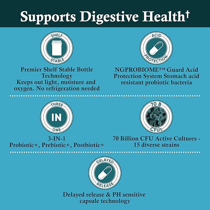 Probiotics 70 Billion CFU – 15 Probiotic strains + Organic Prebiotic+ Postbiotic 3-in-1 Complete – Promotes Healthy Digestive & Immune Function –Gas, Bloating, Constipation Support – for Men & Women