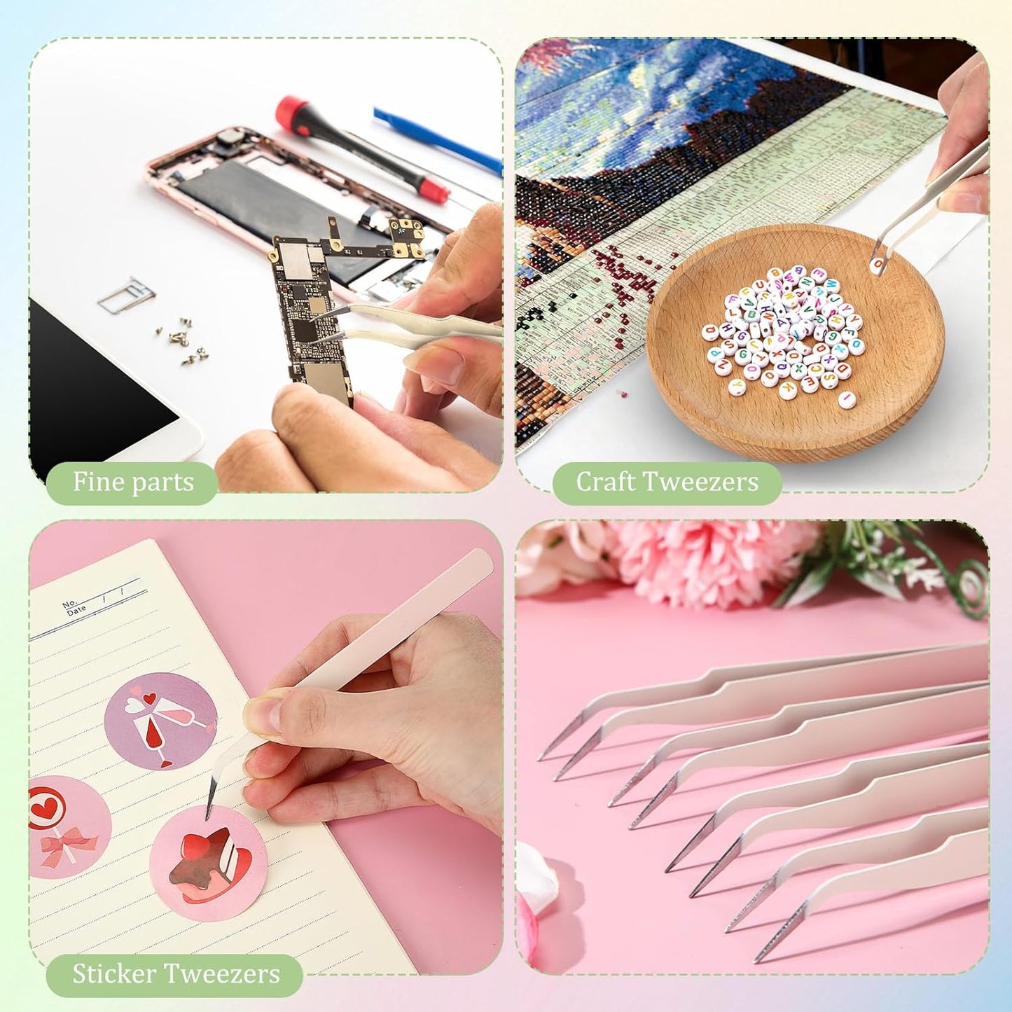 Honoson 9 Pieces Curved Pointed Craft Tweezers Stainless Steel Precision Tweezer with Protective Cover for Rhinestones Dried Flowers Craft Stickers Eyelash Extension Jewelry Making (Gradient Pink)