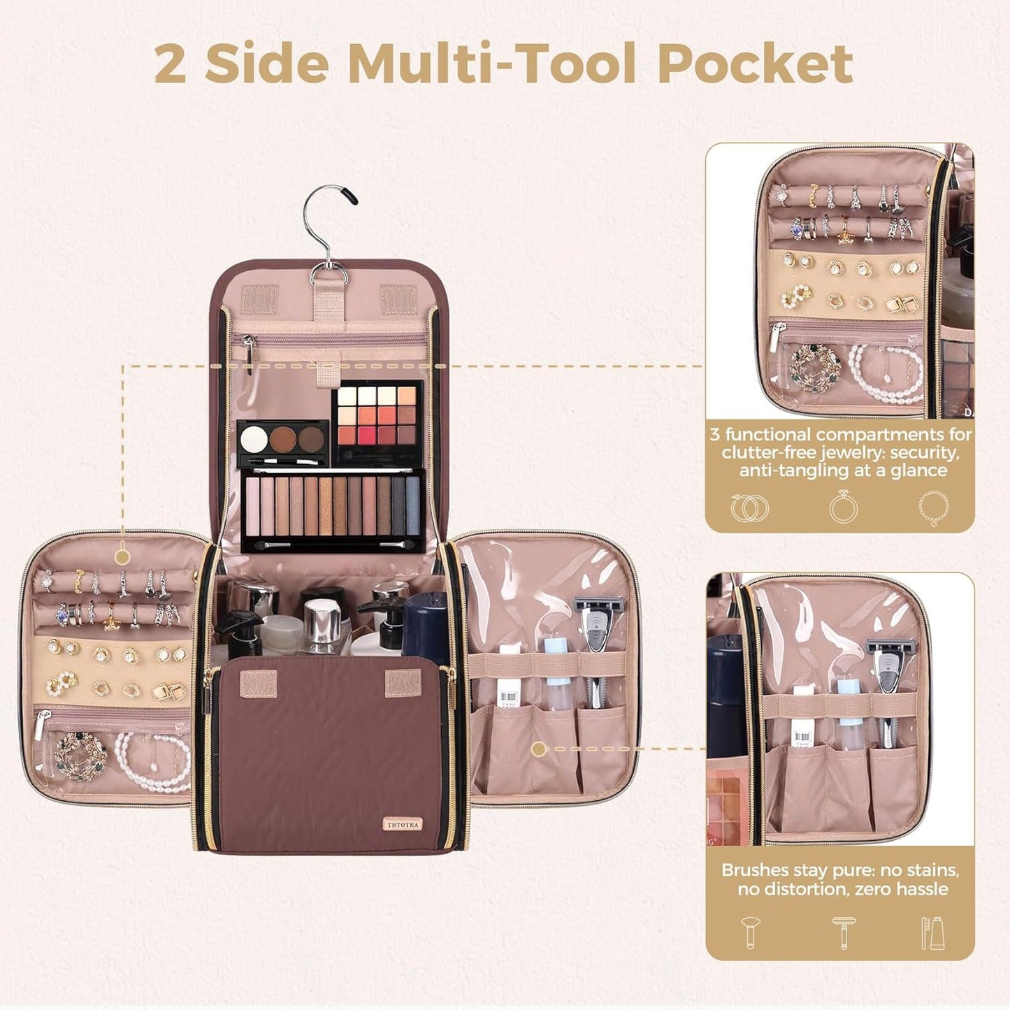 Hanging Toiletry Bag & Makeup Bag for Women with Jewelry Organizer - TSA Approved Large Capacity Travel Cosmetic Organizer, Waterproof Shower Essentials Case with Transparent Pockets