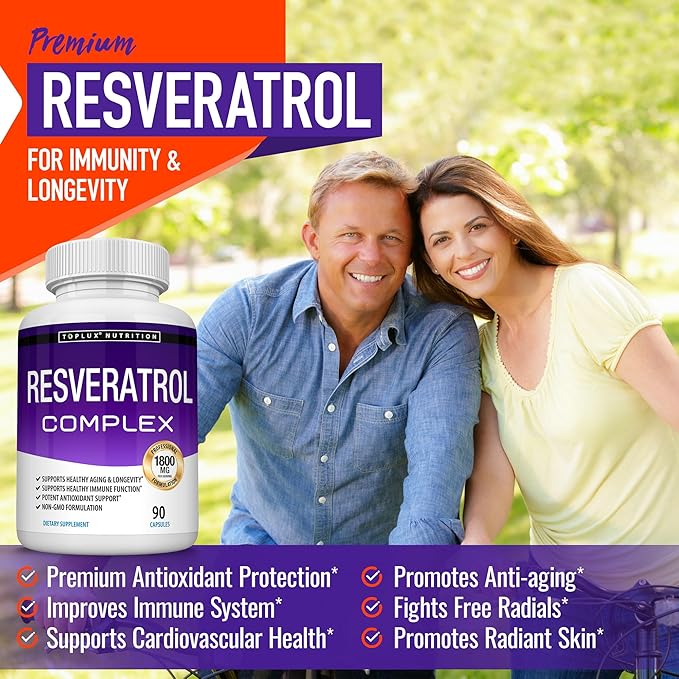 Resveratrol Supplement 1800 mg Antioxidant Complex - Highly Potent Natural Trans-Resveratrol Pills for Healthy Aging, Overall Health Support, Immune System, Brain Function, for Men Women, 90 Capsules