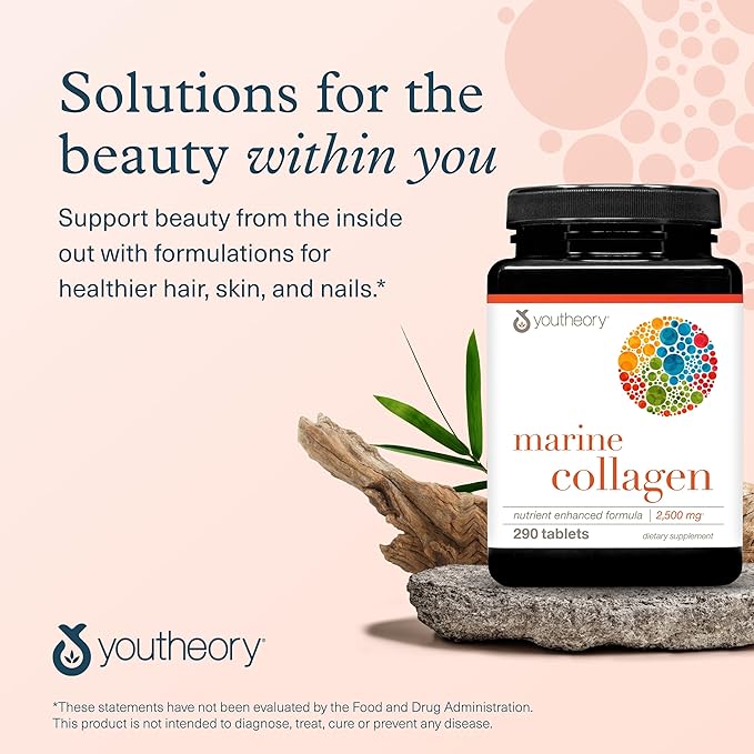 Youtheory Marine Collagen - 2,500 mg Hydrolyzed Collagen - Supports Skin* - Fish-Sourced Collagen - with Vitamin C, A, C, E, B6, B12 & More - Highly Digestible and Absorbable - 290 Tablets