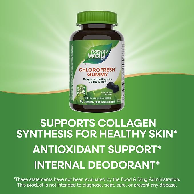 Nature’s Way Chlorofresh Chlorophyll Gummies, Supports Healthy Skin and Body Detox*, Internal Deodorant*, Orchard Fruit Flavored, 60 Gummies (Packaging May Vary)
