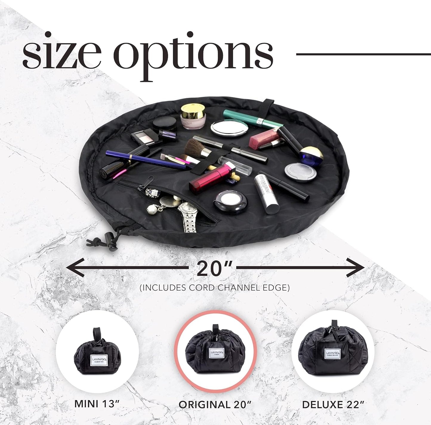 Lay-n-Go Cosmo Layflat Drawstring Cosmetic & Makeup Bag Organizer w/Zipper Pocket, Brush Loops & More, Cinch to Close, Lay Flat to Use, Durable, Machine Wash, Travel Toiletry Bag (20", Pink)