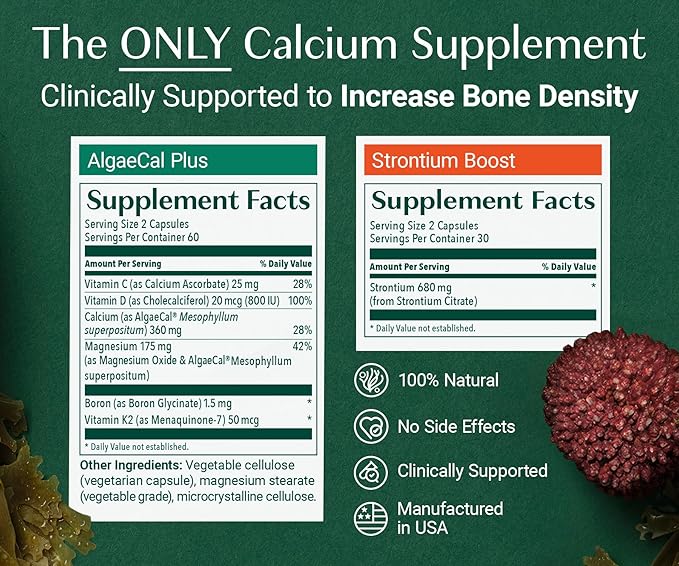 AlgaeCal - Bone Builder Pack for Bone Density Increase, Clinically Supported Plant Based Calcium Supplement & Strontium, Vitamins K2 (100mg), D3 (1600 IU), Magnesium & 16 nutrients for Bone Health