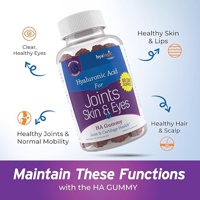 Hyalogic Chewy HA Gummies Mixed Berry Flavor Hyaluronic Acid Gummies – Gluten-Free Gummy Vitamins for Adults - HA Supplement for Joints, Skin & Eyes –60 Count (120 mg)