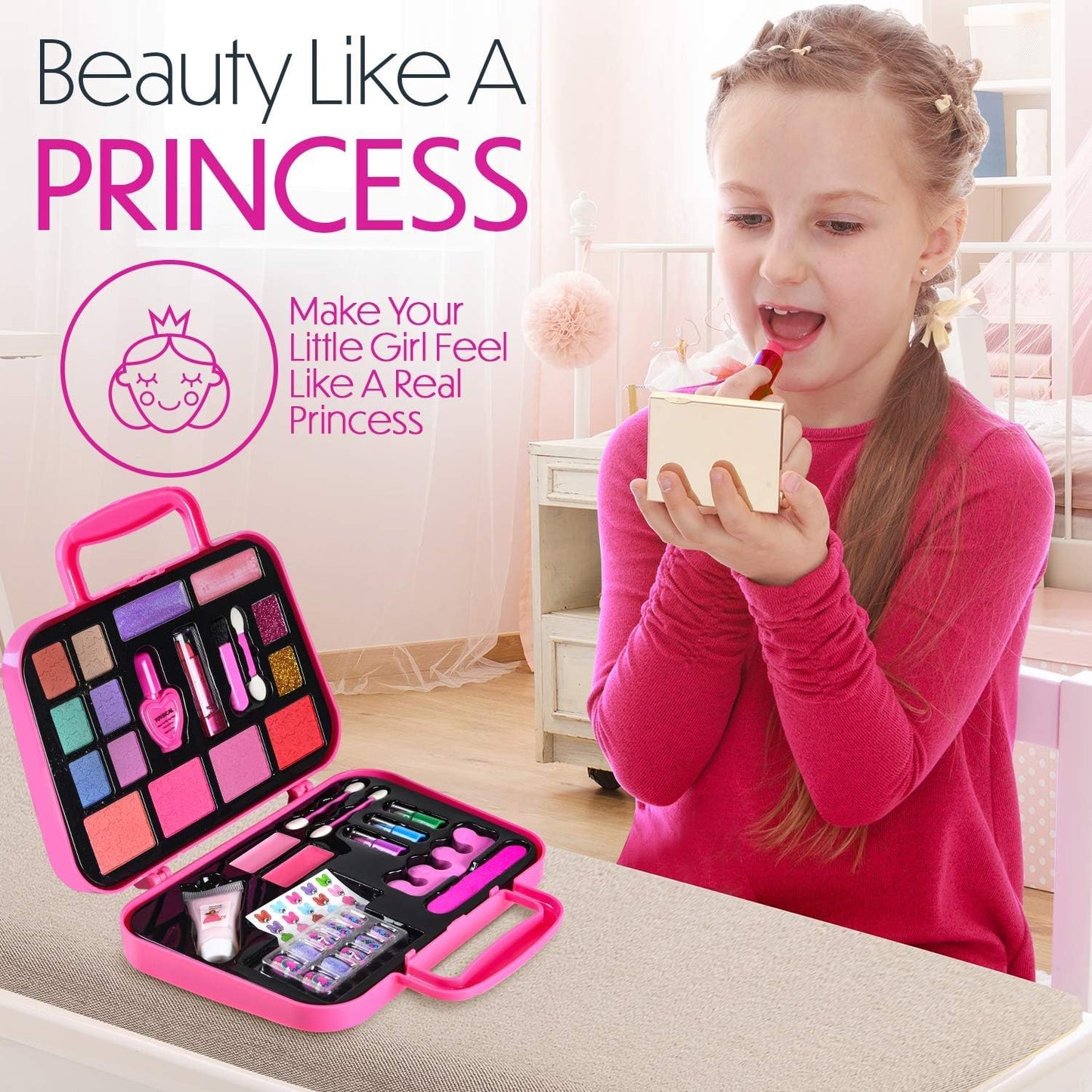 Toysical Princess Kids Makeup Kit for Girl - Real, Non Toxic Makeup for Kids kit with Remover, Washable Toddler Makeup Kit - Birthday Gift Pretend Play Makeup for Ages 3 4 5 6 7 8 9 10 Years Old