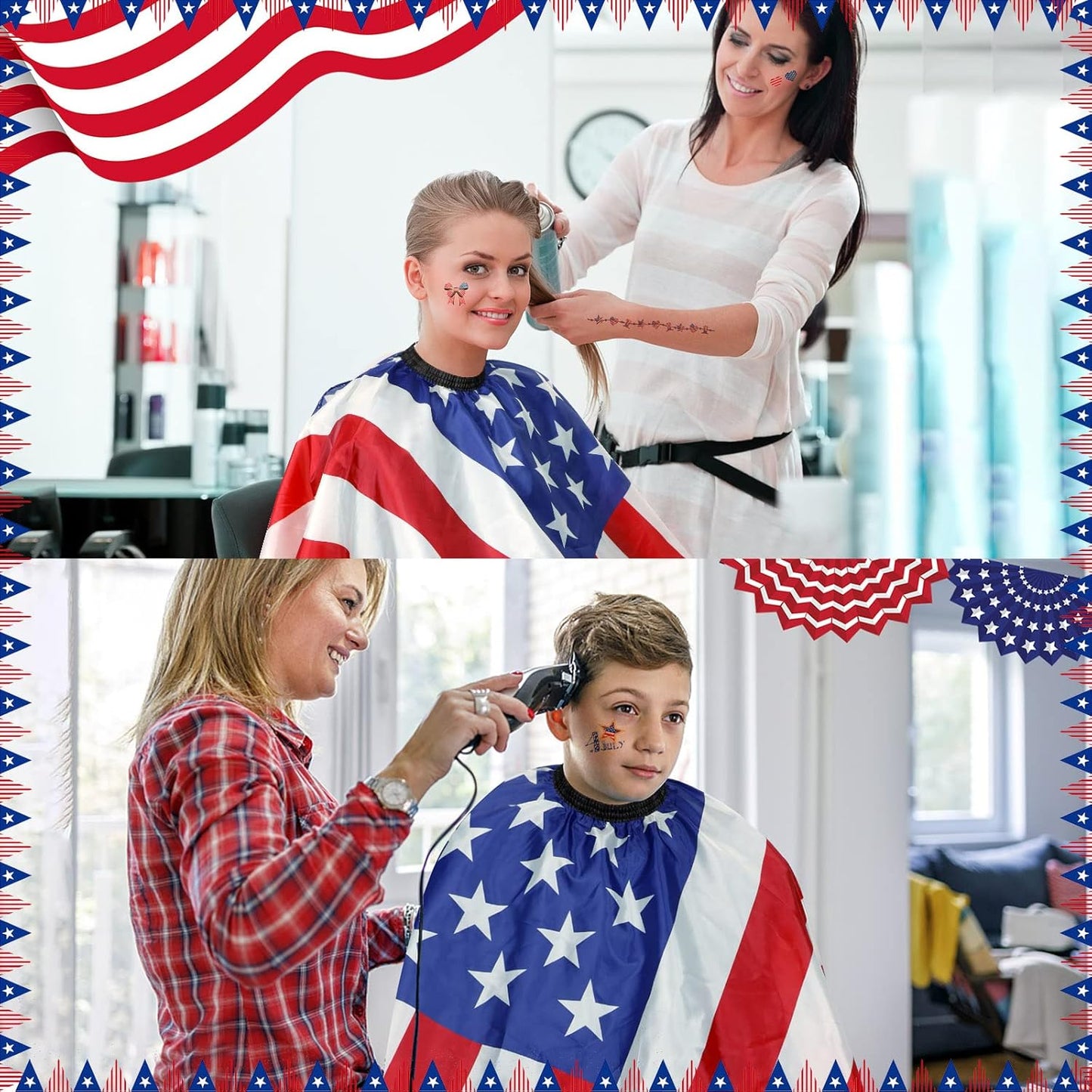 FEBSNOW Professional Barber Cape Independence 4th for July Salon Hair Cutting Cape with Adjustable neckline and Neck Duster Brush Barber Shop Supplies 46.8 × 56 Inch (Flag pattern)