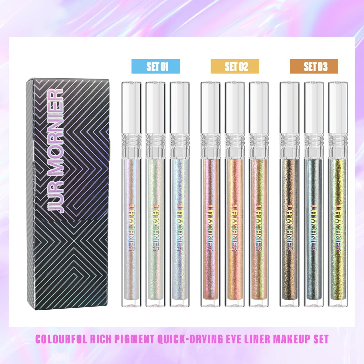 Multichrome Liquid Eyeshadow Set,3PCS Multi-Dimensional Fairy Makeup,High Pigment Waterproof Aurora Eye Shadow,Ultre Fine Tip Glitter Eyeliner (01 Aurora+02 Twilight+03 Moonbow)