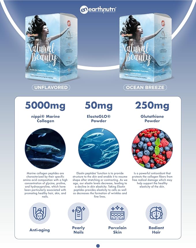 Marine Collagen Peptides Powder Supplement for Skin, Hair & Nails – Enhances Skin Elasticity & Hydration – Hydrolyzed Collagen – 5000mg per Serving – Non-GMO – Ocean Breeze (30 Sticks Pack)