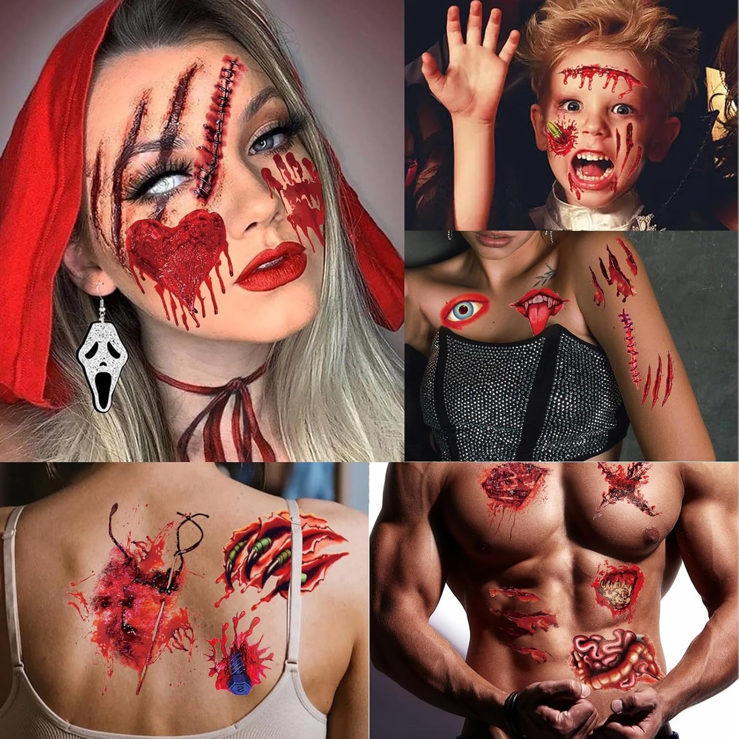 XZENTIRA 30 Sheets Halloween Zombie Temporary Tattoos, Fake Scars Tattoos, Horror Realistic Wound Stitch Face Body Makeup Sticker, Scar Fake Blood Tattoos for Women Men Kids Halloween Party