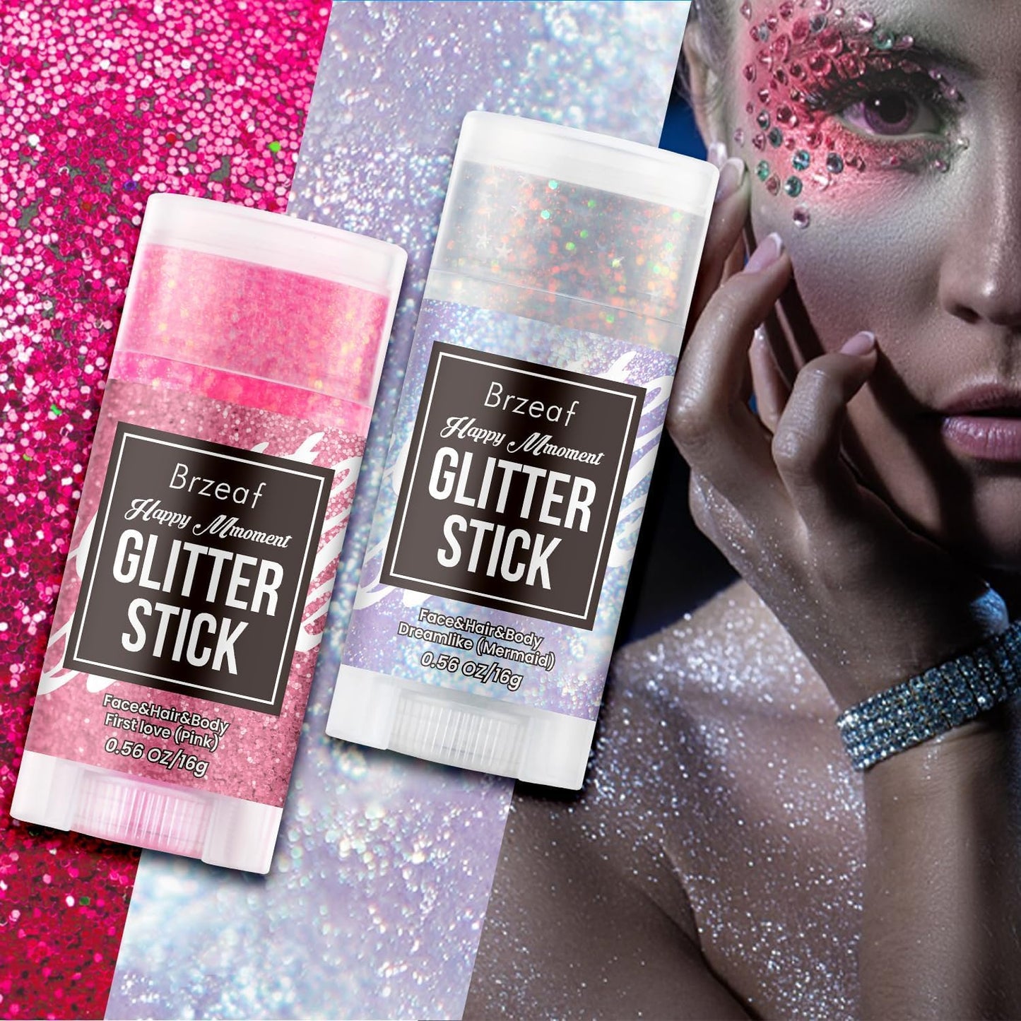 Brzeaf Waterproof Mermaid Glitter Stick, Shimmery& Long Lasting, Hallowen Hair Eyeshadow Face Body Glitter, Singer Concert Music Rave Festival, Glitter Stick Makeup & Face Glitter Gel for Women Men