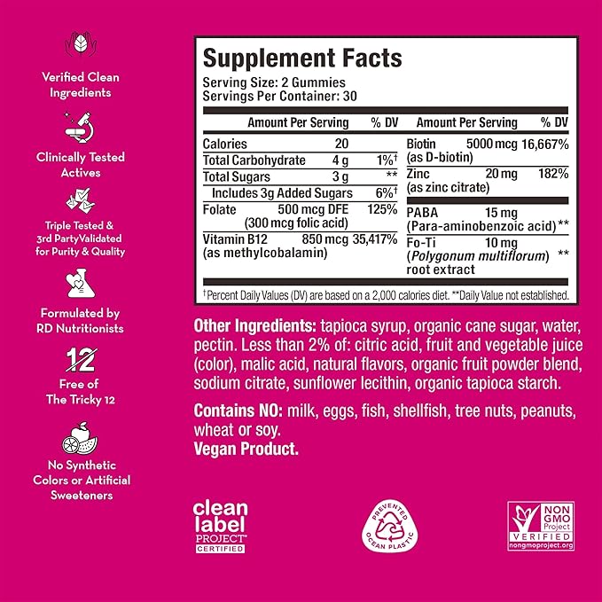 HUM Hair Strong - Daily Gummies with Biotin to Improve Hair Growth - Fo Ti, Folic Acid, Zinc, Vitamin B12 & PABA to Support Healthy Hair, Skin and Nails for Women and Men (100-Count)