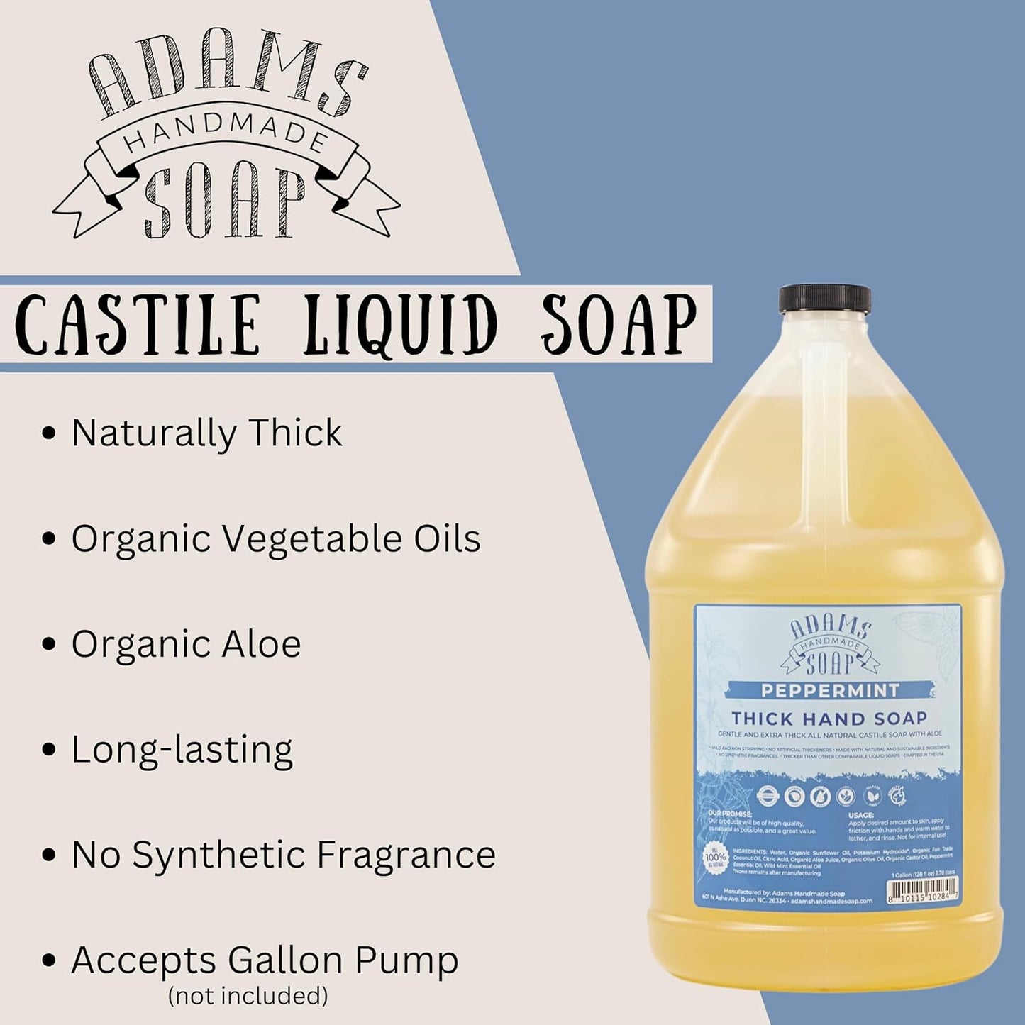 Adams Handmade Soap Thick Organic Castile Liquid Hand Soap 1 Gallon Refill - Peppermint