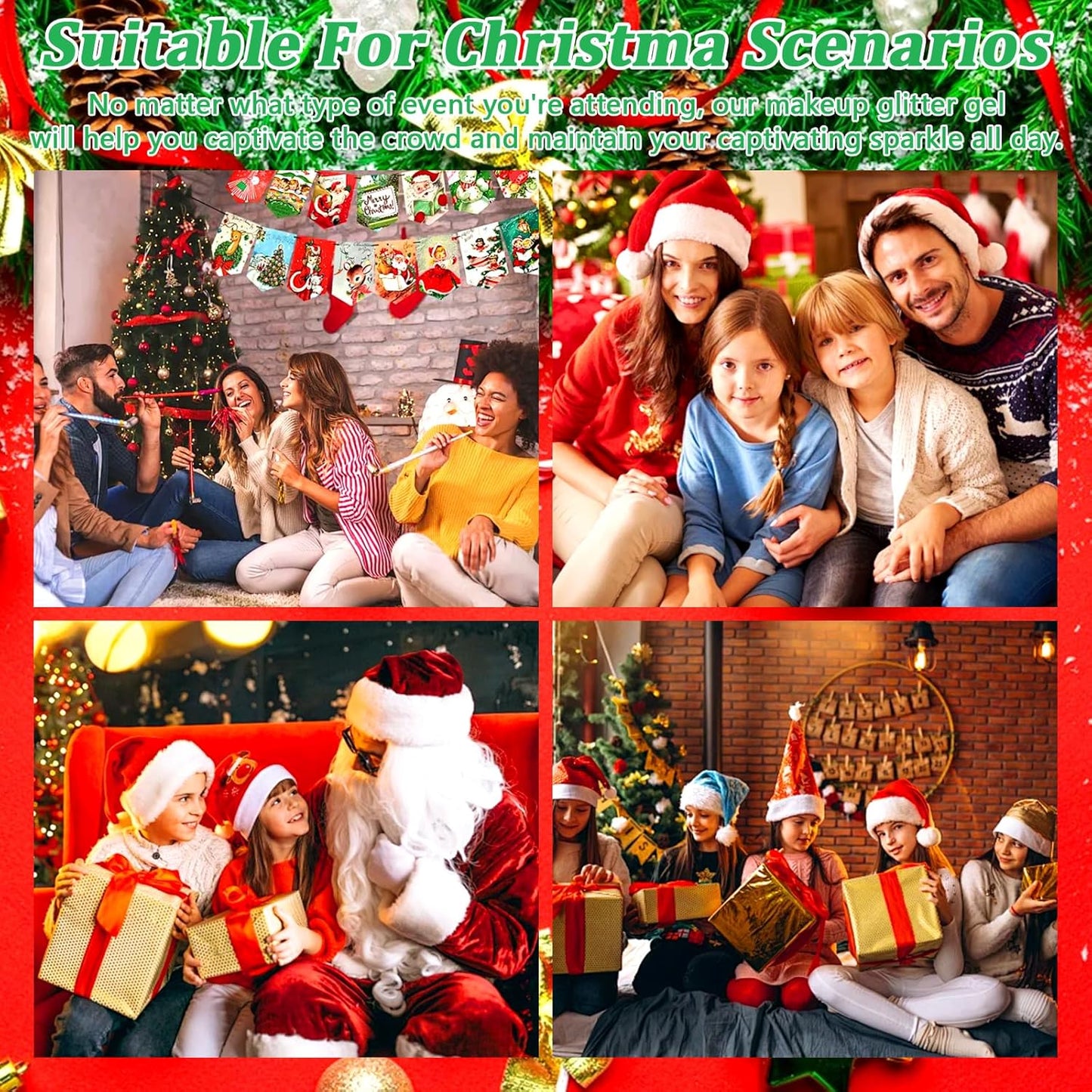 Boko 50ML Body Glitter Gel, Red Green Mardi Gras Chunky Glitter Gel for Face Hair Body Sparkle Makeup, Cosmetic Mermaid Face Glitter Sequins for Mardi Gras Concert Party Event Rave Accessories