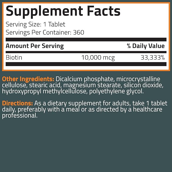 Bronson Biotin 10,000 MCG Supports Healthy Hair, Skin & Nails & Energy Production - High Potency Beauty Support - Non-GMO, 360 Vegetarian Tablets