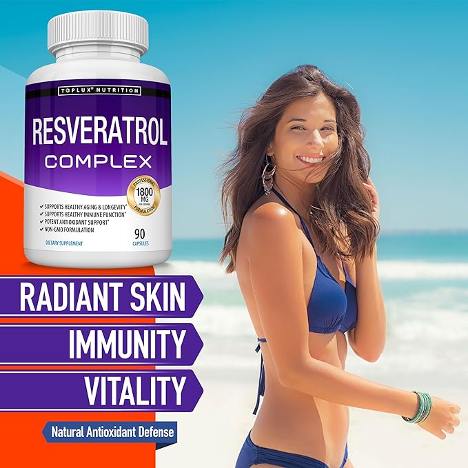 Resveratrol Supplement 1800 mg Antioxidant Complex - Highly Potent Natural Trans-Resveratrol Pills for Healthy Aging, Overall Health Support, Immune System, Brain Function, for Men Women, 90 Capsules